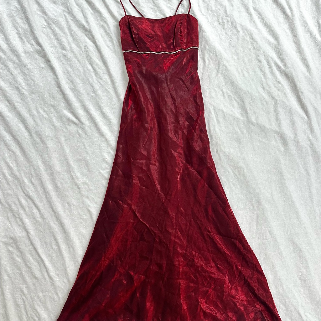 Vintage Red Chrome Prom Dress Lace Up Back Rhinestone Metallic Maxi Formal